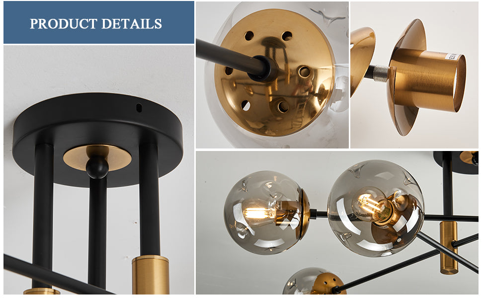 Ceiling Light - Modern 6 Light Glass Globe Shade Sputnik Chandelier Black Semi Flush Mount SW-36210789 - SWEET-LIGHTS