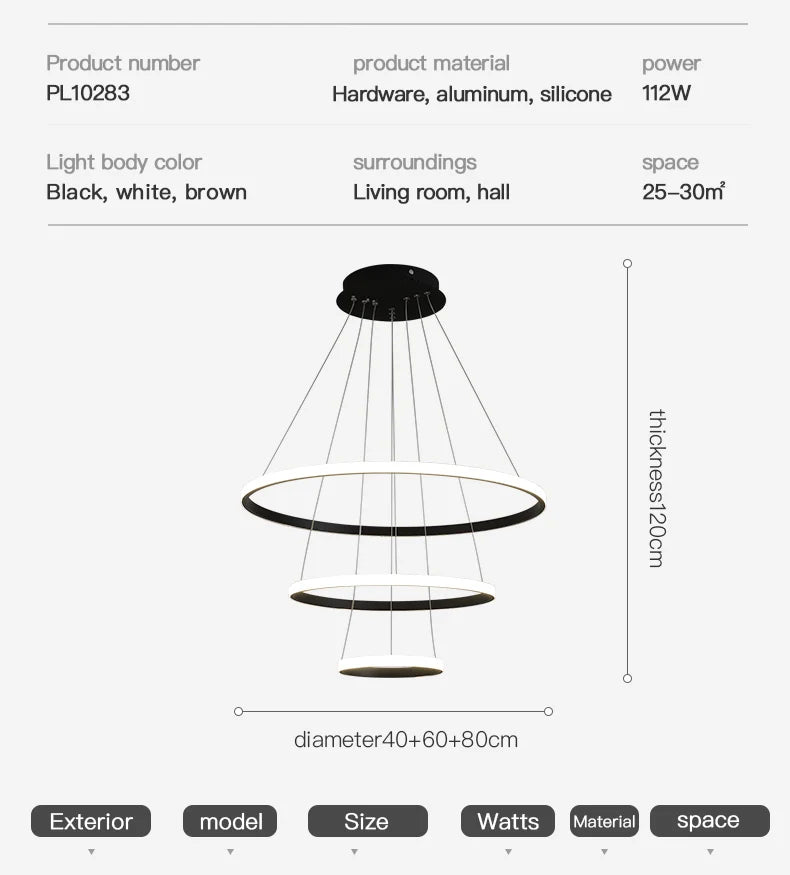 Pendant Light - Modern Pendant Lamp Led Rings Chandelier Black Loft Indoor Fixture SW-36210456 - SWEET-LIGHTS