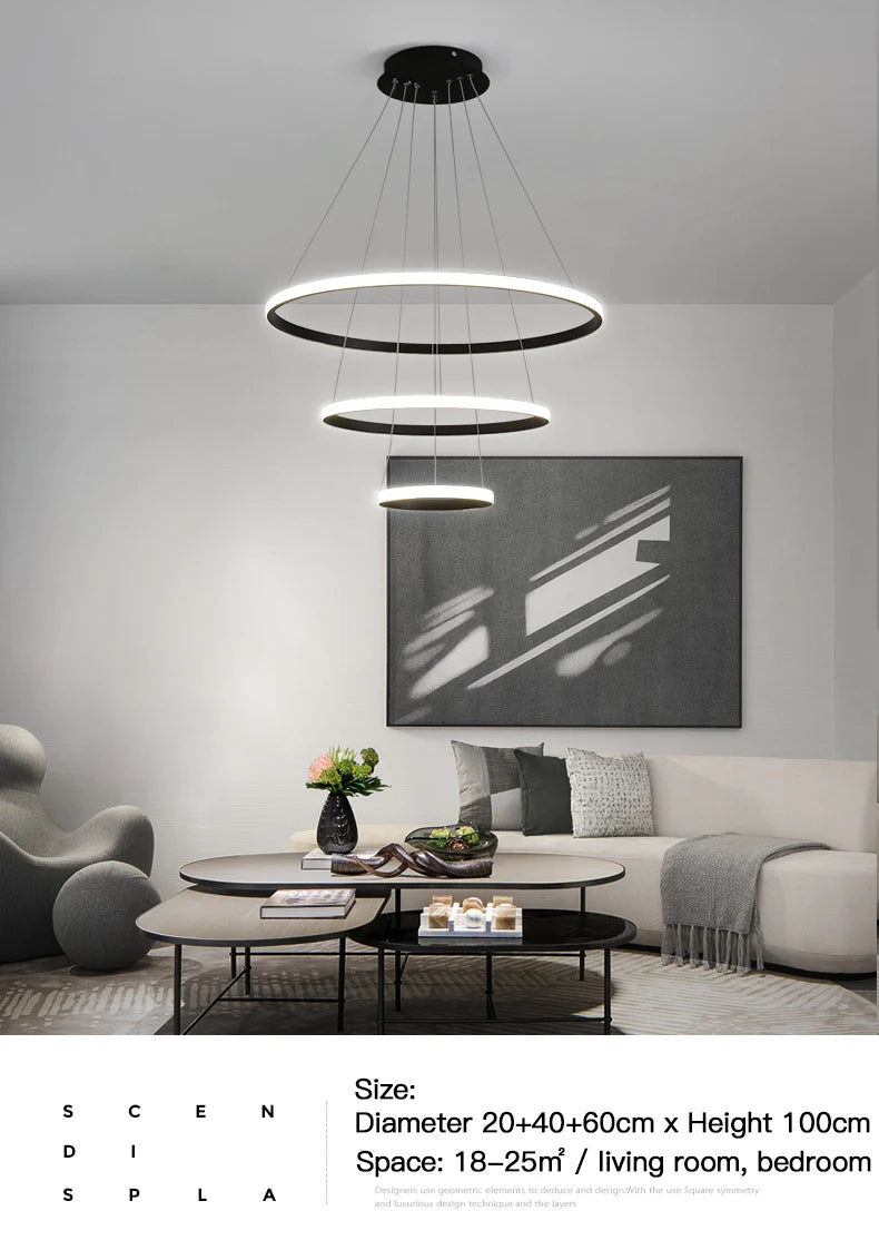 Pendant Light - Modern Pendant Lamp Led Rings Chandelier Black Loft Indoor Fixture SW-36210456 - SWEET-LIGHTS