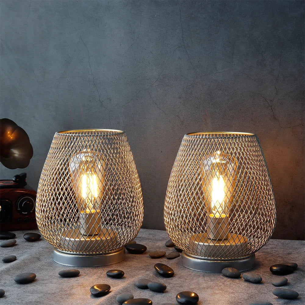 Table Lamp - Set of 2 Metal Cage Vintage Battery Operated LED Lanterns SW-36210789 - SWEET-LIGHTS