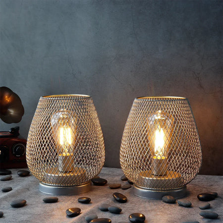 Table Lamp - Set of 2 Metal Cage Vintage Battery Operated LED Lanterns SW-36210789 - SWEET-LIGHTS