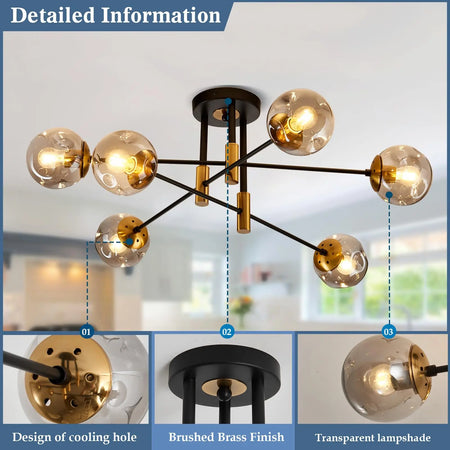 Ceiling Light - Modern 6 Light Glass Globe Shade Sputnik Chandelier Black Semi Flush Mount SW-36210789 - SWEET-LIGHTS