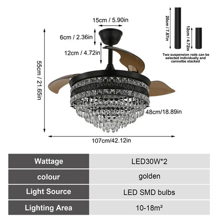 Fans - Crystal Fan Light 42 Inches With Remote Control 6 Level Luminaire SW-36210456 - SWEET-LIGHTS