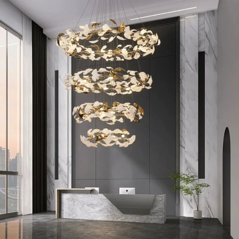 Chandelier - Round Ginko Leaf Staircase Light For Loft SW-36210789 - SWEET-LIGHTS