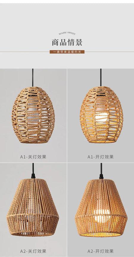 Pendant Light - Boho Rattan Pendant Light Fixture Vintage Farmhouse E27 Hand Woven Hemp Rope Hanging Chandelier SW-36210739 - SWEET-LIGHTS