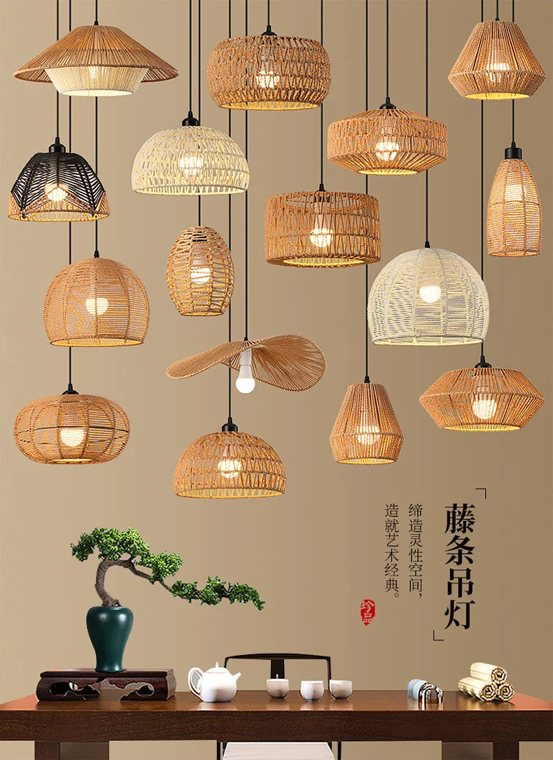 Pendant Light - Boho Rattan Pendant Light Fixture Vintage Farmhouse E27 Hand Woven Hemp Rope Hanging Chandelier SW-36210739 - SWEET-LIGHTS