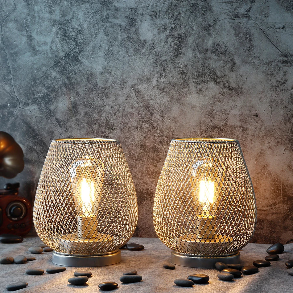 Table Lamp - Set of 2 Metal Cage Vintage Battery Operated LED Lanterns SW-36210789 - SWEET-LIGHTS