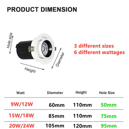 Spotlight - 1Pcs NEW Style LED Aluminum Recessed Rotating Downlight 9W12W15W18W20W24W Epistar Chip COB Ceiling Lamp AC85-265V SW-36210357 - SWEET-LIGHTS