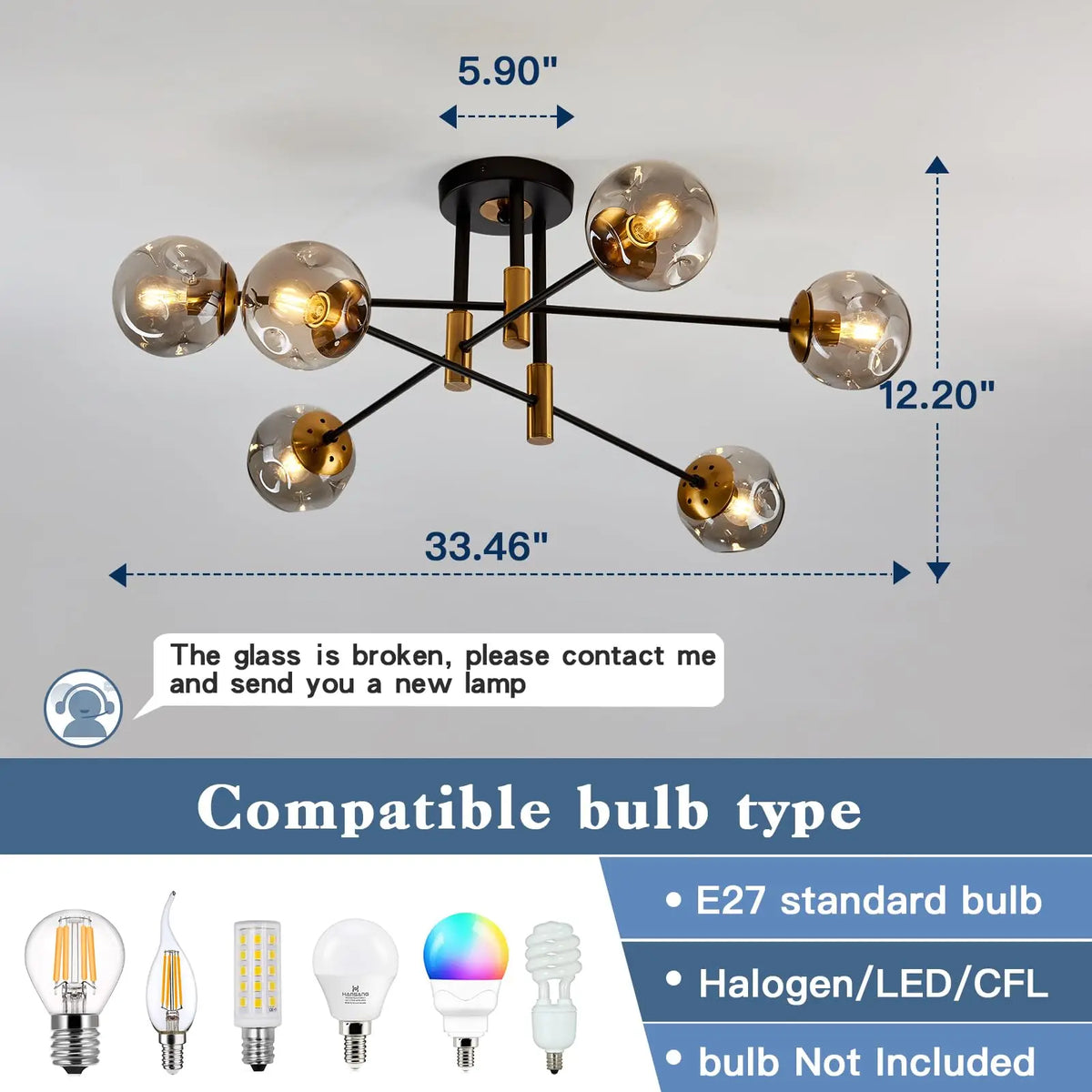 Ceiling Light - Modern 6 Light Glass Globe Shade Sputnik Chandelier Black Semi Flush Mount SW-36210789 - SWEET-LIGHTS