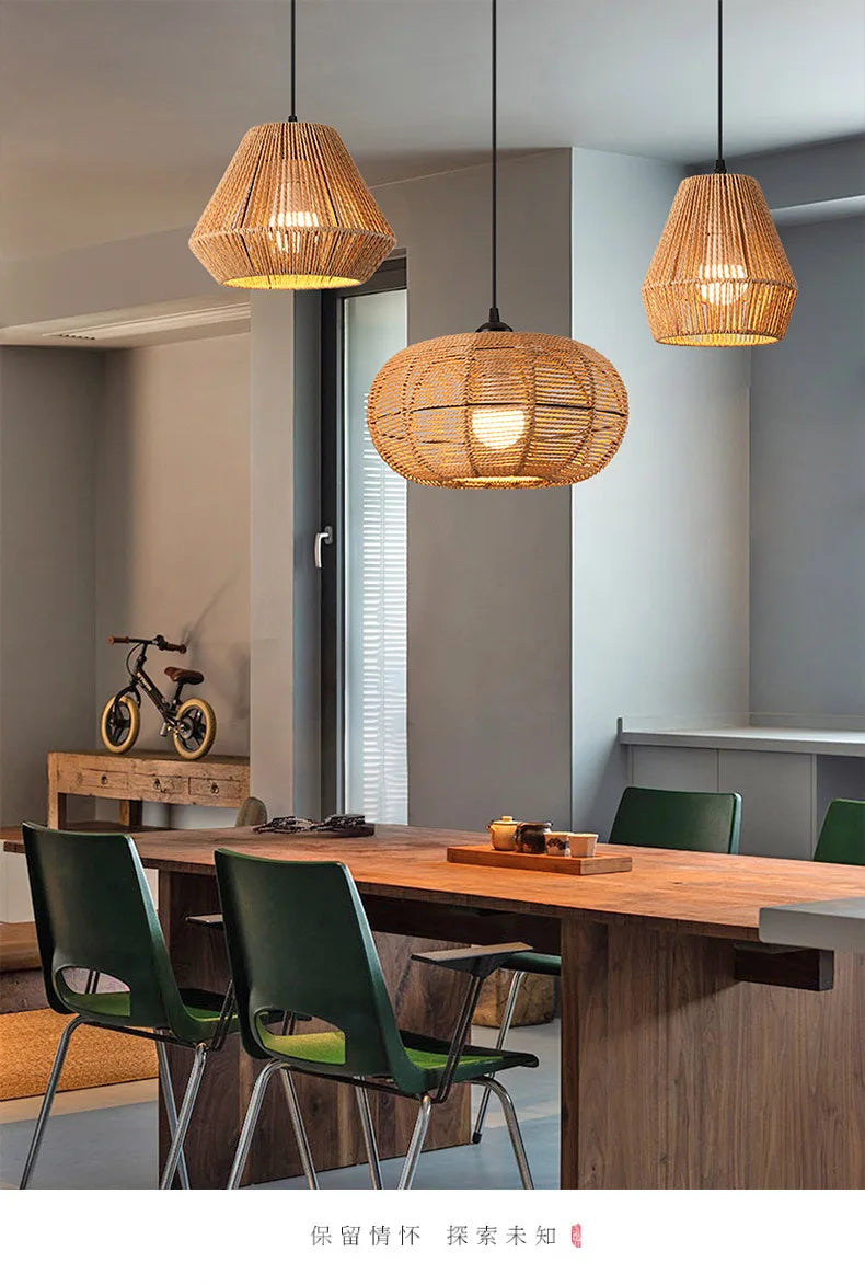 Pendant Light - Boho Rattan Pendant Light Fixture Vintage Farmhouse E27 Hand Woven Hemp Rope Hanging Chandelier SW-36210739 - SWEET-LIGHTS