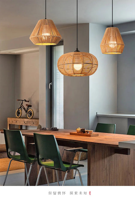 Pendant Light - Boho Rattan Pendant Light Fixture Vintage Farmhouse E27 Hand Woven Hemp Rope Hanging Chandelier SW-36210739 - SWEET-LIGHTS