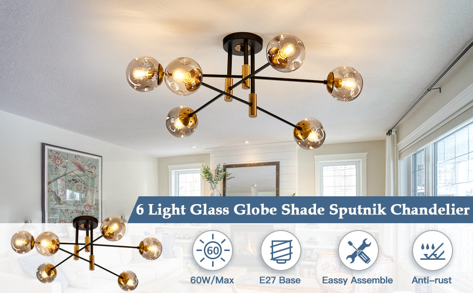 Ceiling Light - Modern 6 Light Glass Globe Shade Sputnik Chandelier Black Semi Flush Mount SW-36210789 - SWEET-LIGHTS