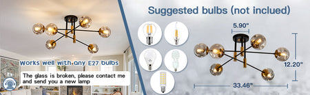 Ceiling Light - Modern 6 Light Glass Globe Shade Sputnik Chandelier Black Semi Flush Mount SW-36210789 - SWEET-LIGHTS